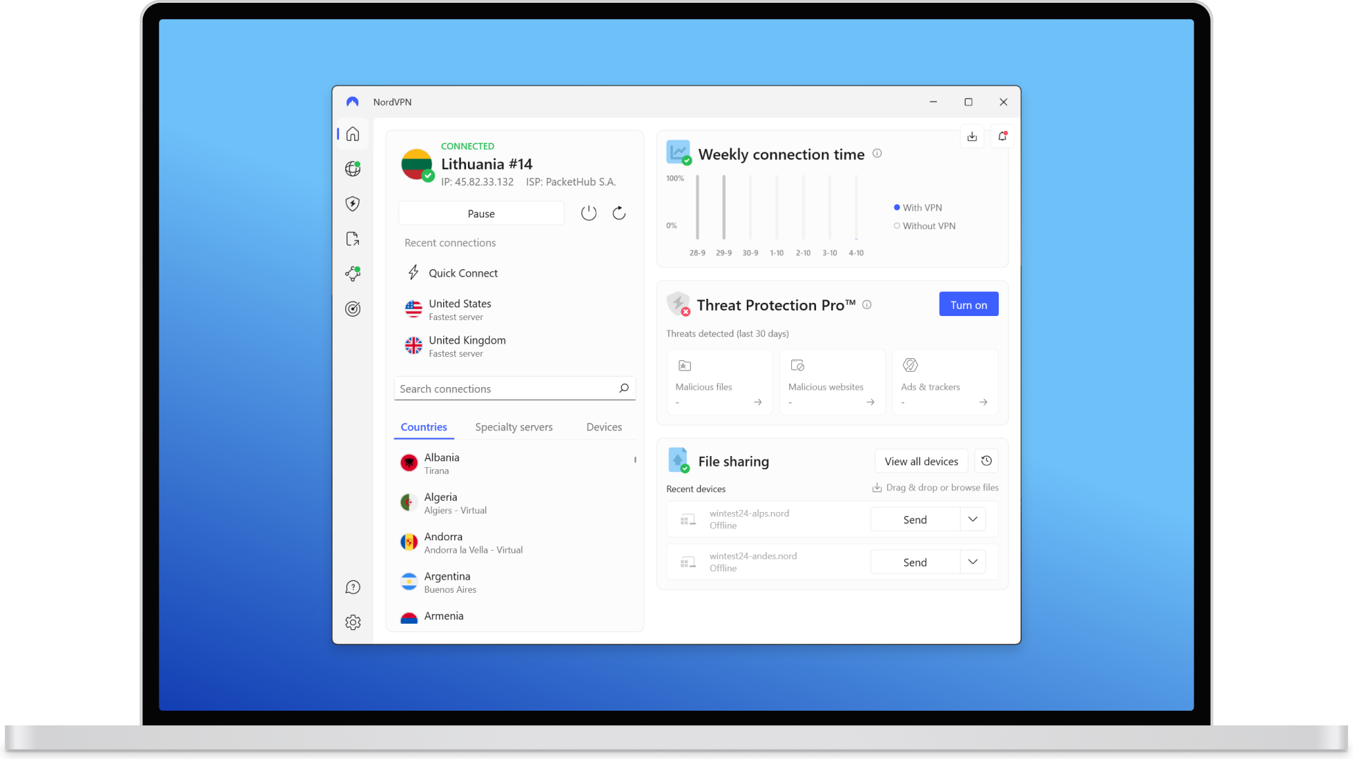 NordVPN Windows app — connected to a US server